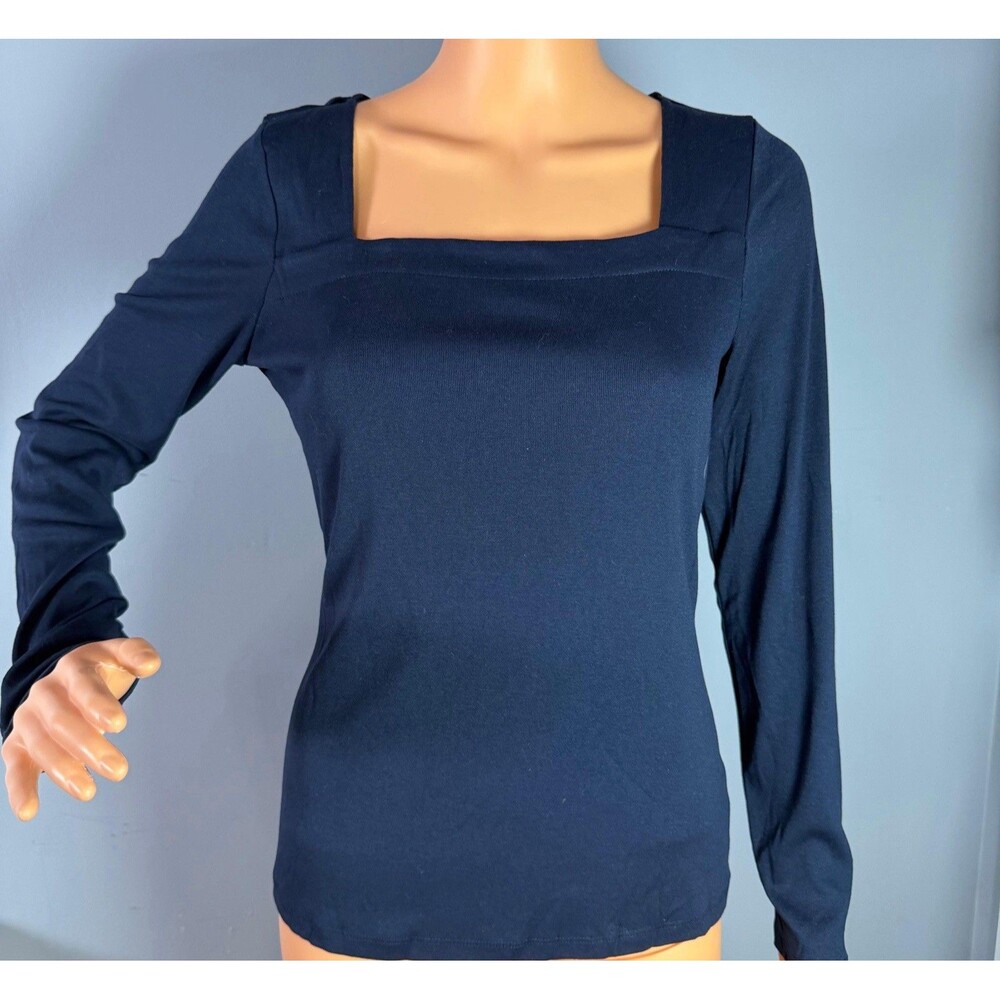 New The Limited Solid Navy Blue Square Neck Ribbed Knit Top Blouse Small Women.